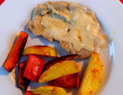 recette Côte de porc à la moutarde et légumes rôtis