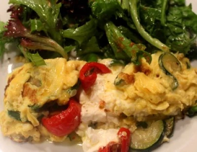 recette Omelette aux courgettes, chèvre frais et tomate confite