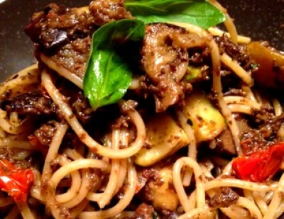 recette Spaghetti aux légumes grillés et tapenade d'olive