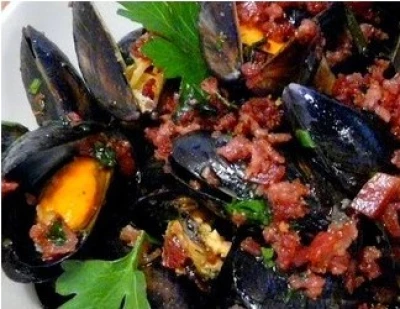 Moules de bouchot au jambon