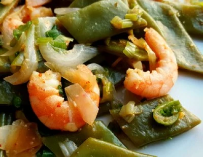 recette Wok de Haricots coco plats, Crevettes, Gingembre, Oignons