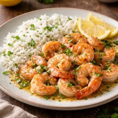 Crevettes sautées à l’ail, persil et riz