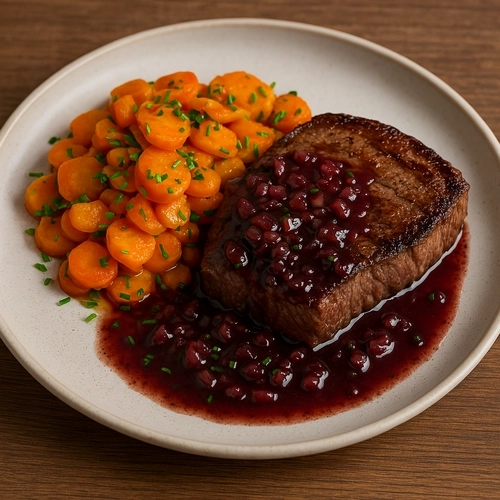 Beefsteak au vin rouge & fondue de carottes à la ciboulette