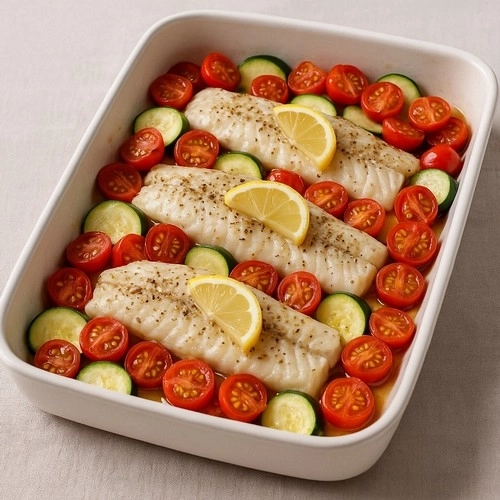 Églefin rôti aux tomates cerises et courgettes