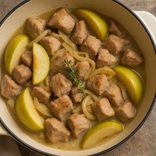Sauté de porc aux pommes et oignons