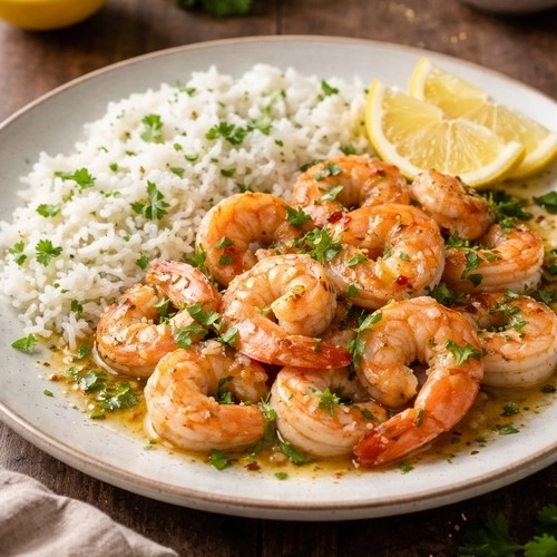 Crevettes sautées à l’ail, persil et riz