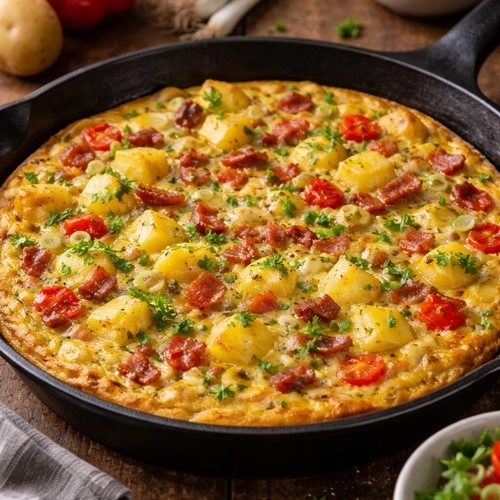 Tortilla pommes de terre, cébette, poivrons et lardons